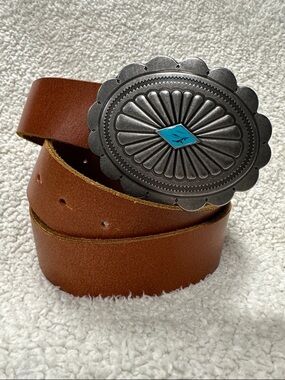Genuine Leather Brown Western Concho Belt  Gray Metal Turquoise Style Buckle M
